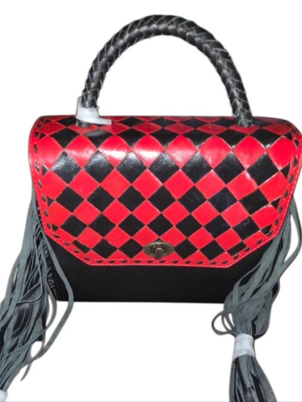 Brand New - Red and Black Checkered Top-Handle Fringe Satchel Bag